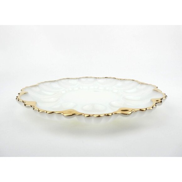 Vintage Anchor Hocking Milk Glass Deviled Egg Plate With Gold Trim - Picture 10 of 16